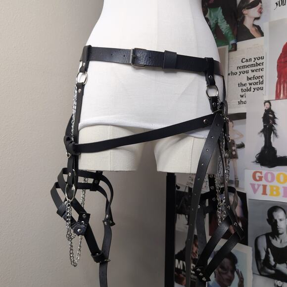 Other Accessories - Gothic Black Faux Leather Chain Garter Belt Set